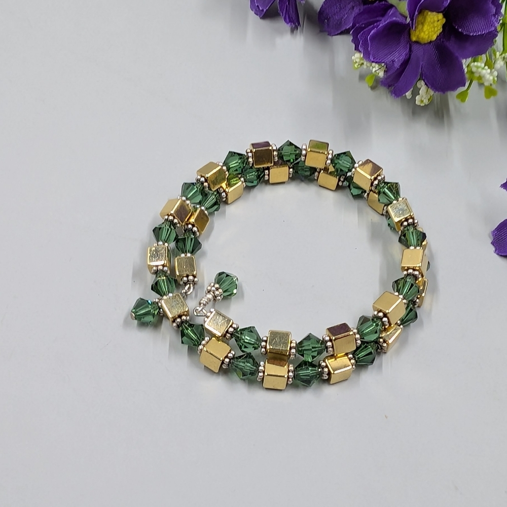 Bright Green Crystal and Gold Beaded Vintage Wrap Bracelet